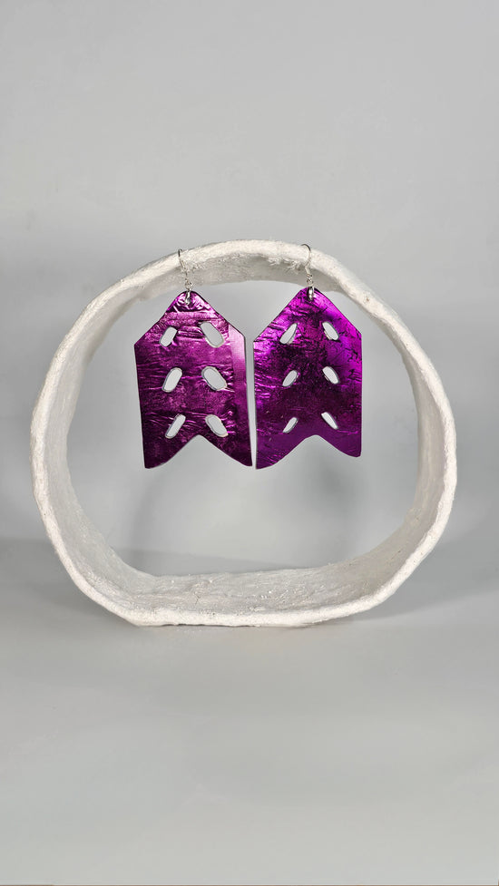 Medium/ Large metallic purple patterned fishtail shape earrings - PLASTIQUE By Siân