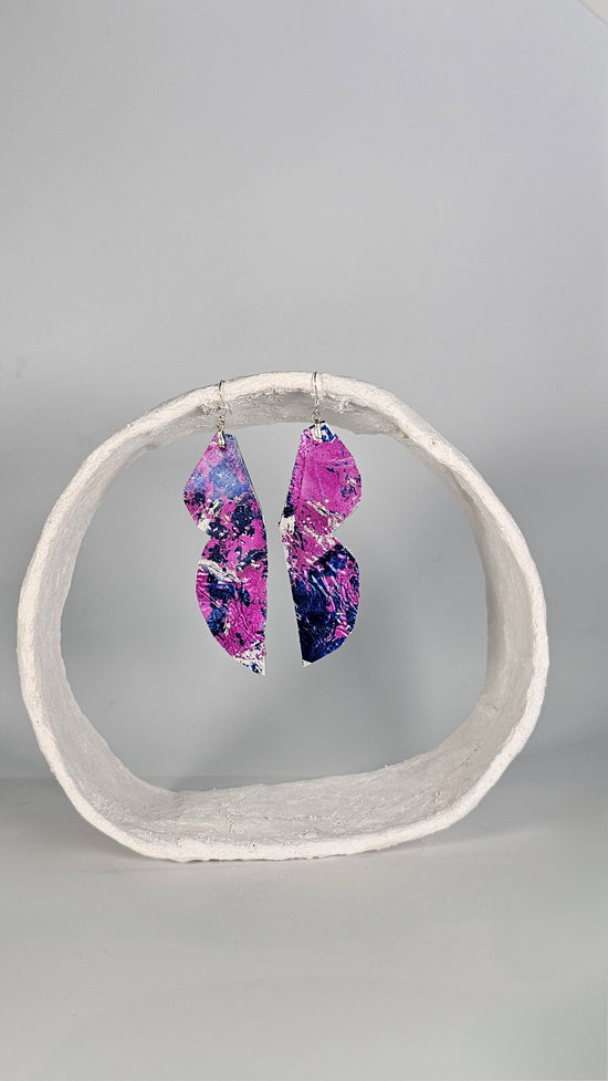 Medium/Large metallic magenta and blue print on white wavy curved edge long earrings - PLASTIQUE By Siân