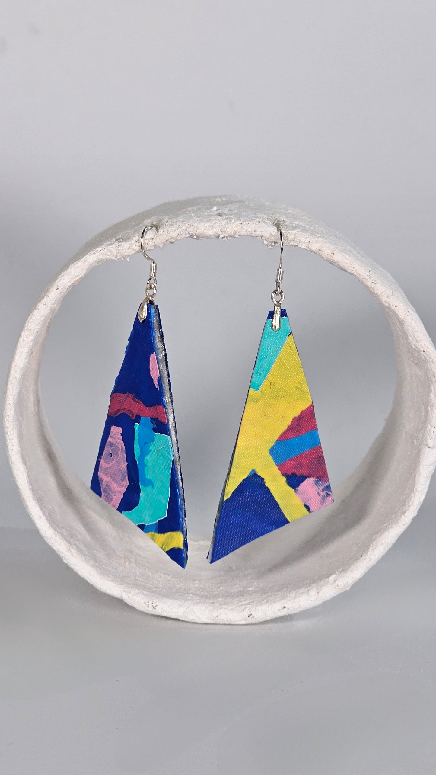 Medium triangle drop 80s colourful geometric shape earrings in blue pink and yellow - PLASTIQUE By Siân