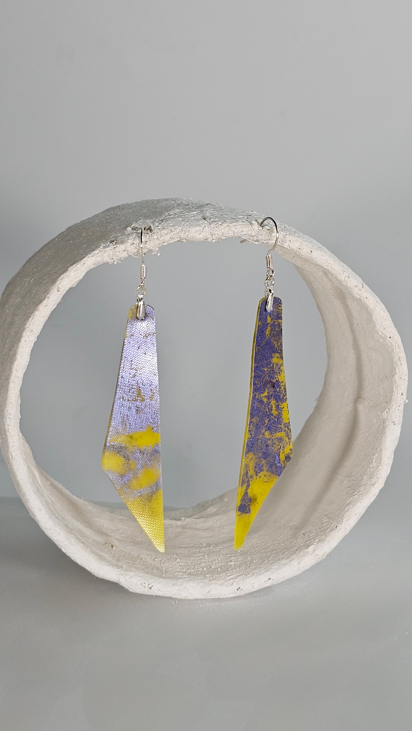 Medium curved pointed lilac purple foil print over yellow sport cone earrings - PLASTIQUE By Siân