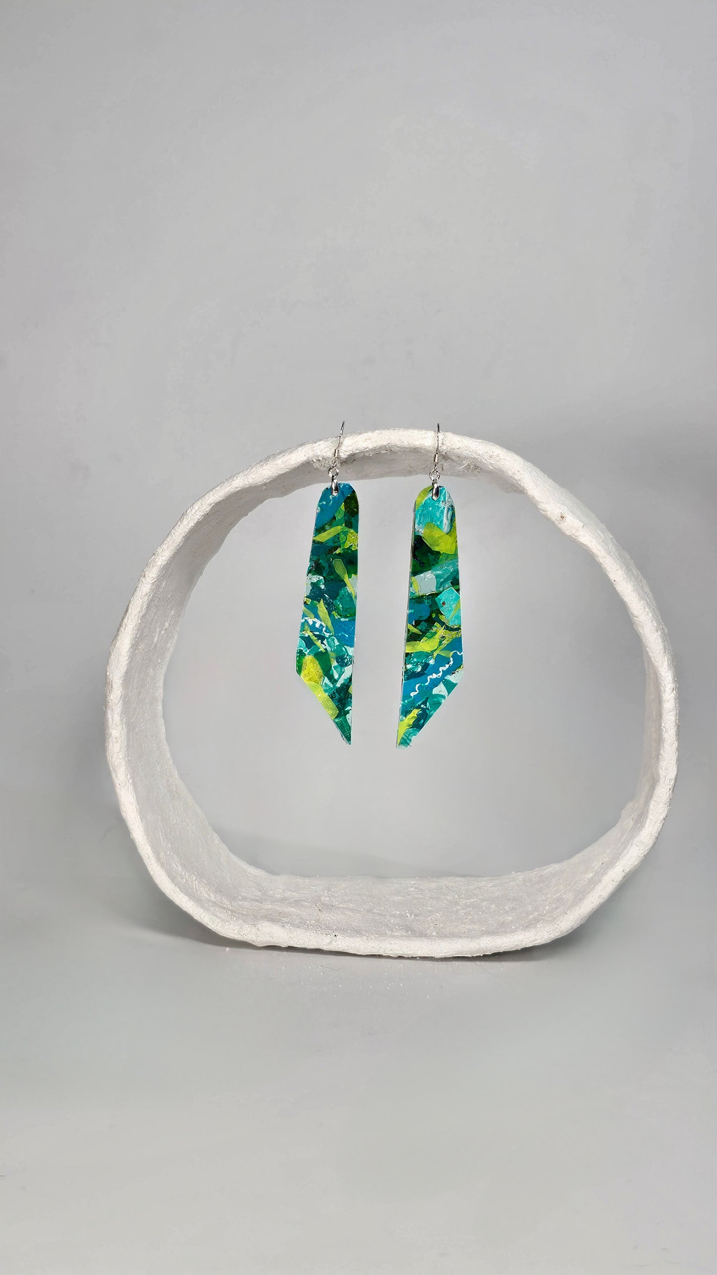 Medium/ Large striking colourful long thin green patterned earrings - S/S 24 - PLASTIQUE By Siân