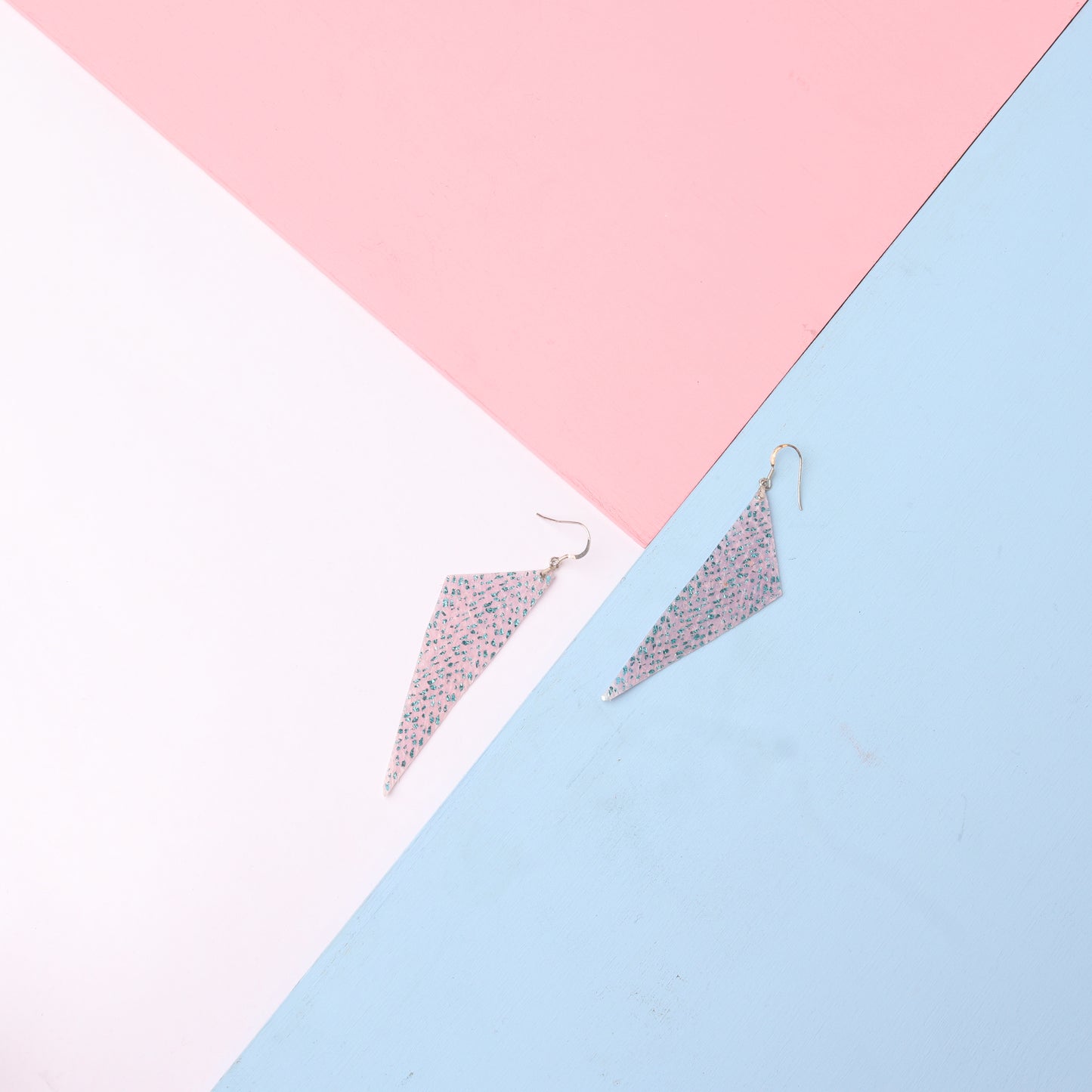 Ex Large long triangular pink clear and blue earrings