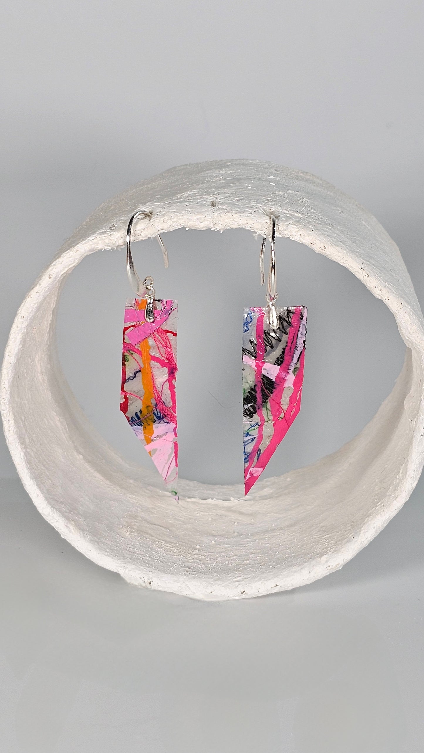 Small pointed anglular colourful pink, orange, blue and red abstract square earrings - PLASTIQUE By Siân