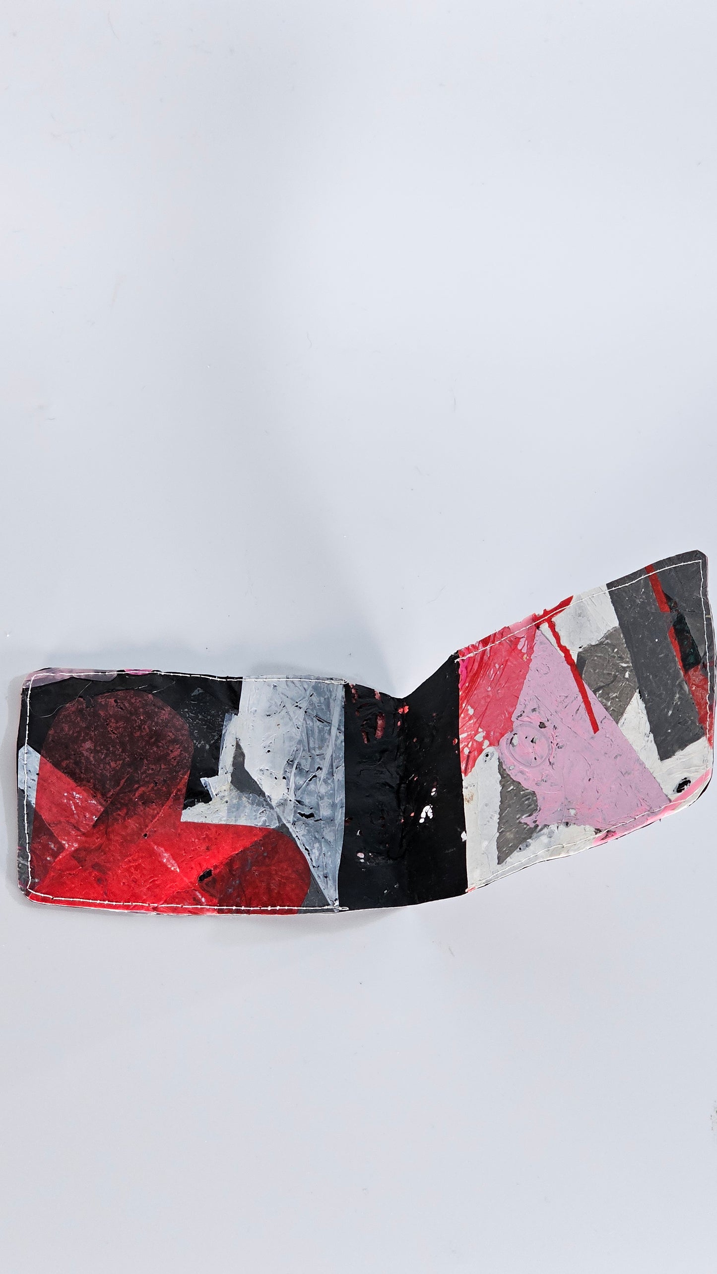 Card wallet: Pink, black, grey, red and white stitched from upcycled plastic - PLASTIQUE By Siân