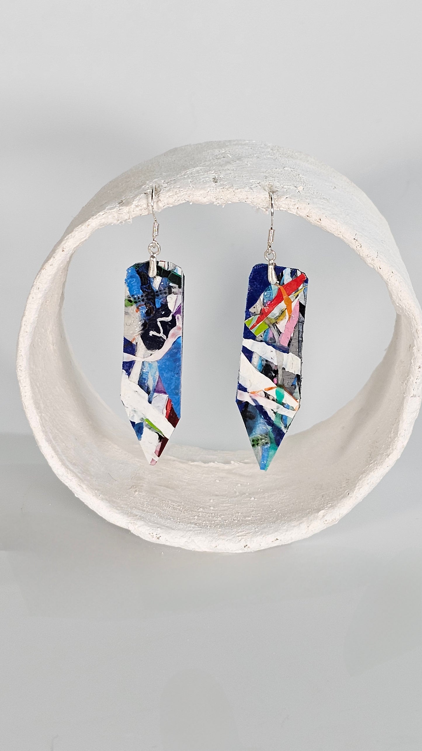 S/M Jackson Pollock style long rectangular with a point blue, black and green abstract earrings - PLASTIQUE By Siân