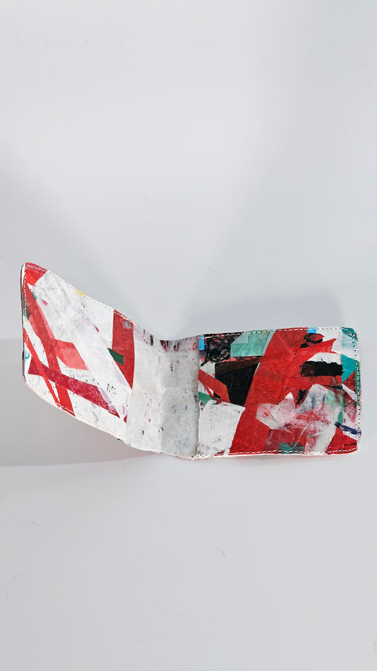 Card wallet: Green, black, blue, red and white stitched from upcycled plastic - PLASTIQUE By Siân