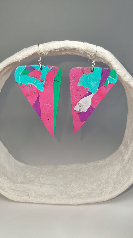 Medium striking colourful triangular 80s earrings in pink, purple, blue, pink and green - S/S 24 - PLASTIQUE By Siân