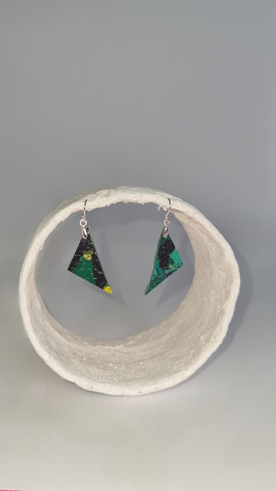 Small curved pointed green and black camouflage earrings - PLASTIQUE By Siân