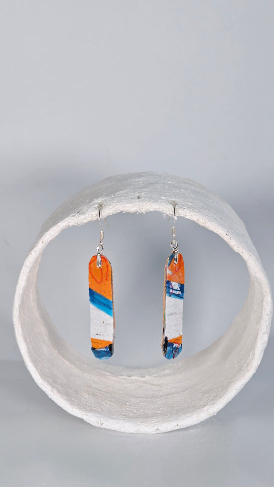 Small thin long drop earrings in blue, orange and white - PLASTIQUE By Siân