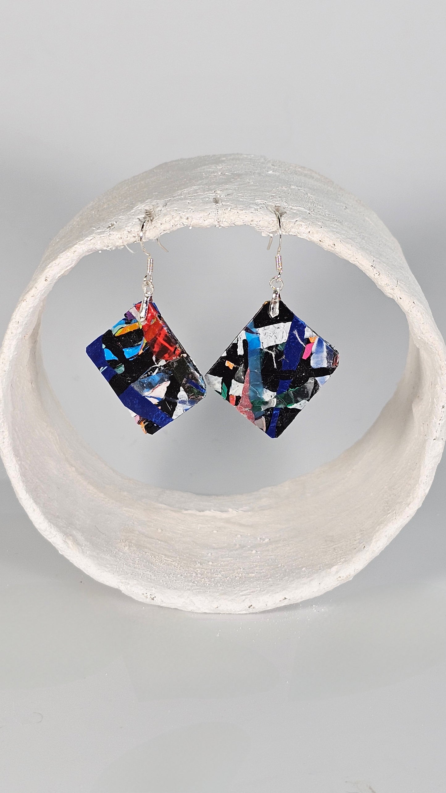 Small Jackson Pollock style square blue, black and green abstract earrings - PLASTIQUE By Siân