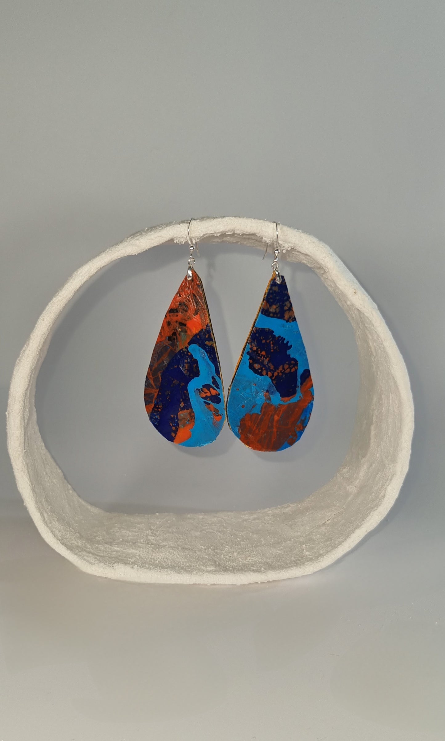 Large striking teardrop colourful earrings in orange and blue- S/S 24 - PLASTIQUE By Siân