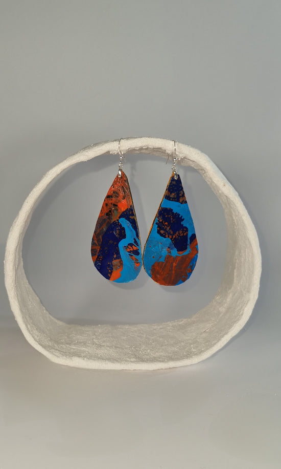 Large striking teardrop colourful earrings in orange and blue- S/S 24 - PLASTIQUE By Siân