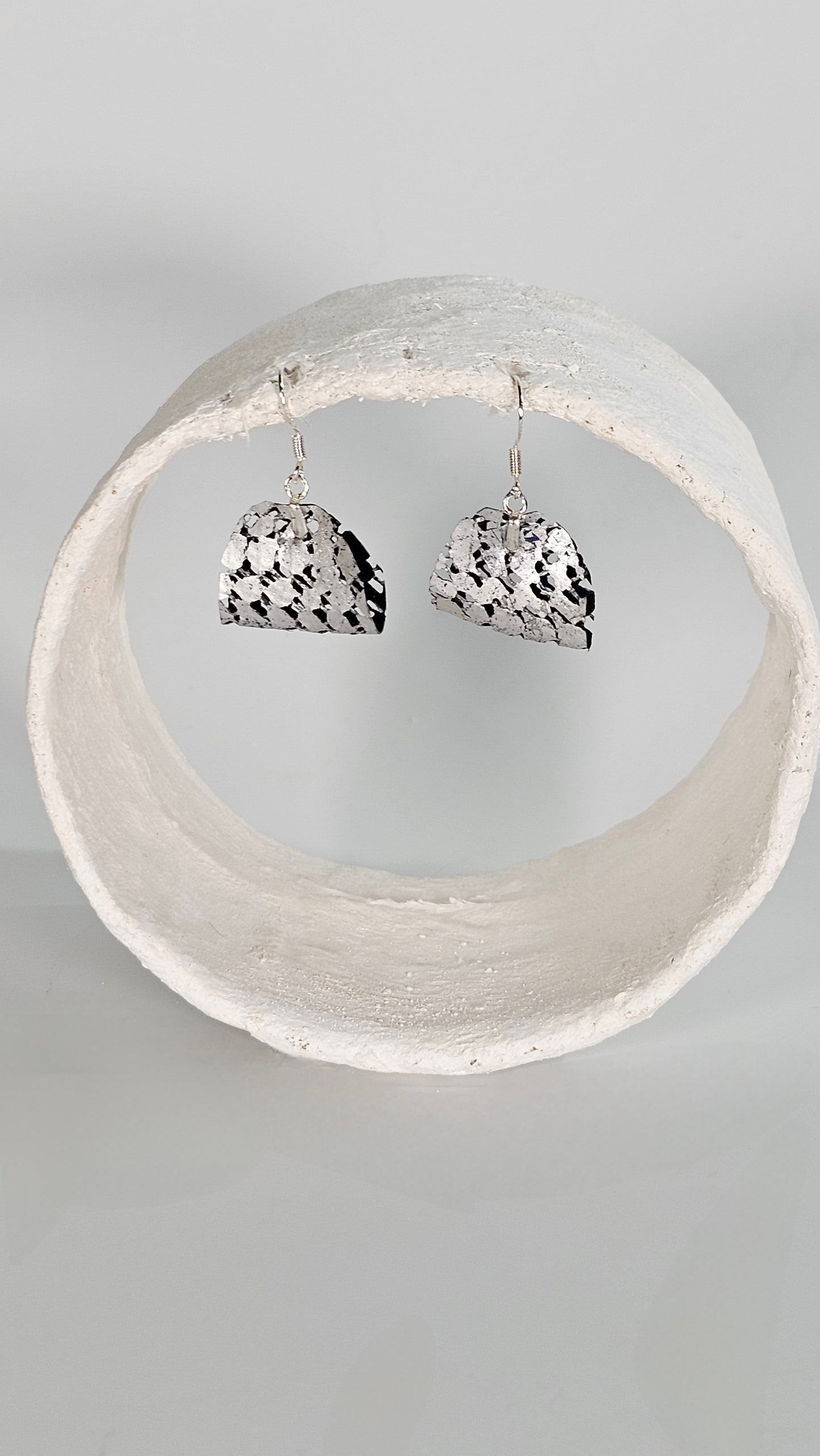 Tiny soft folded silver metallic foiling on rubber mesh earrings - PLASTIQUE By Siân