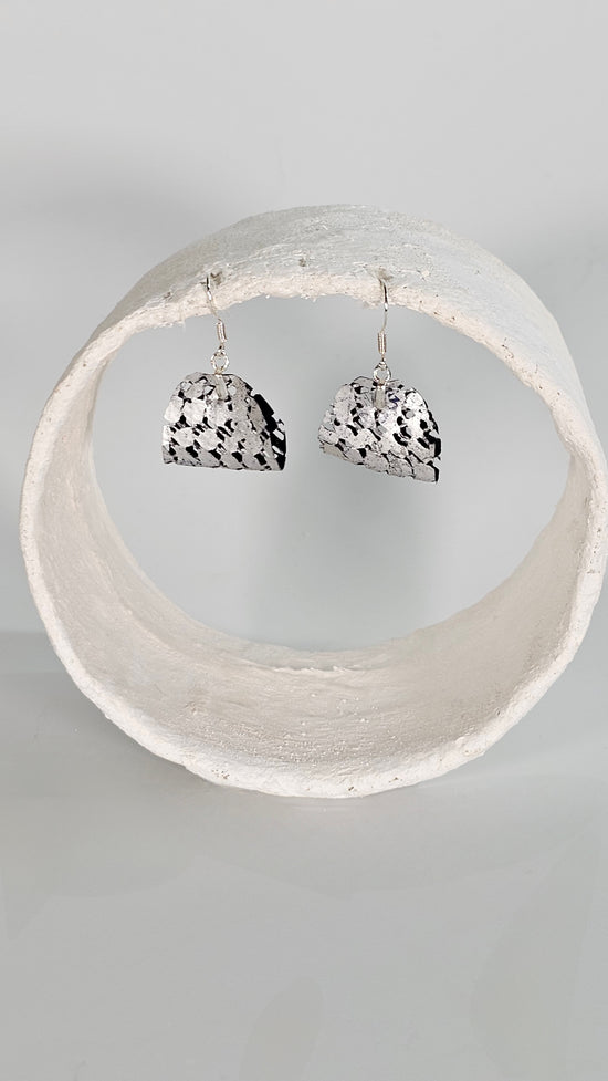 Tiny soft folded silver metallic foiling on rubber mesh earrings - PLASTIQUE By Siân