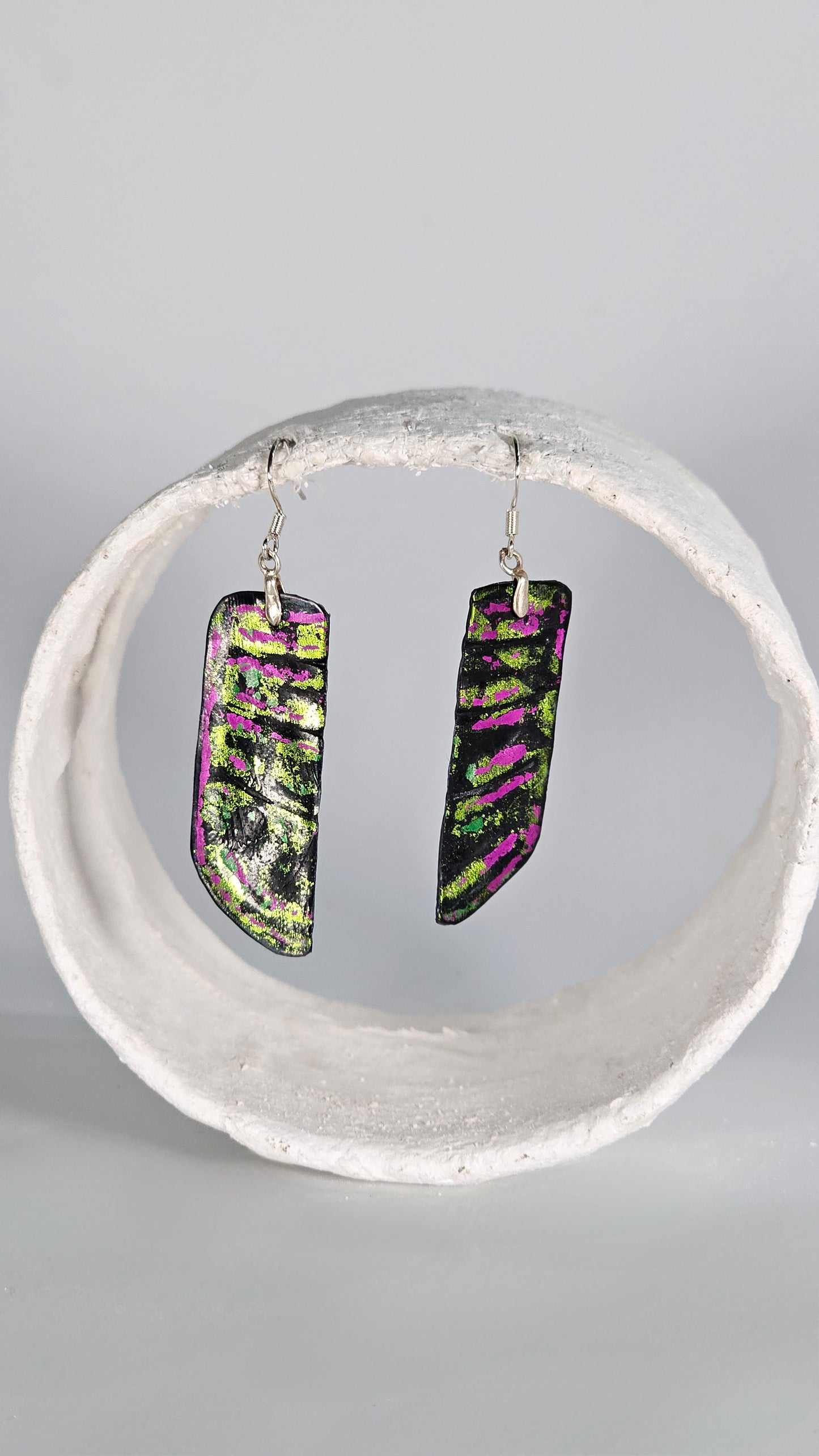 Green and magenta pink metallic foiling print on black earrings - PLASTIQUE By Siân