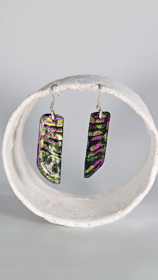 Green and magenta pink metallic foiling print on black earrings - PLASTIQUE By Siân