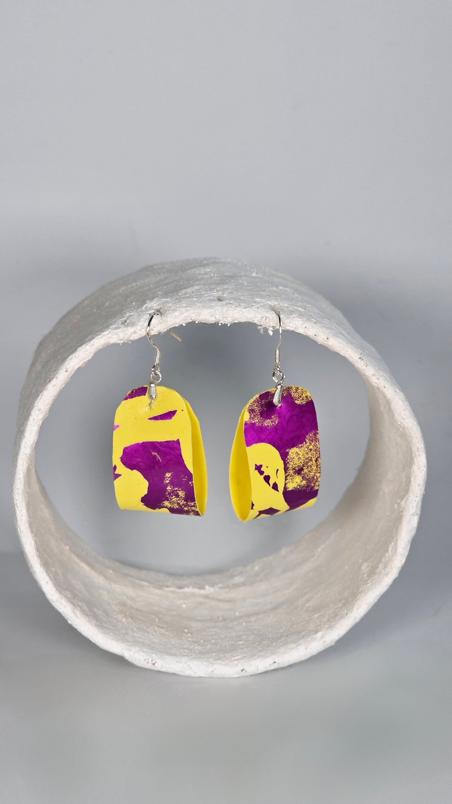 M Metallic magenta on yellow folded Earrings - PLASTIQUE By Siân