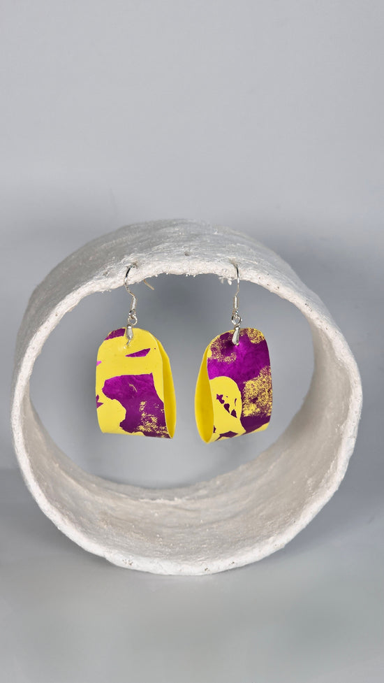 M Metallic magenta on yellow folded Earrings - PLASTIQUE By Siân