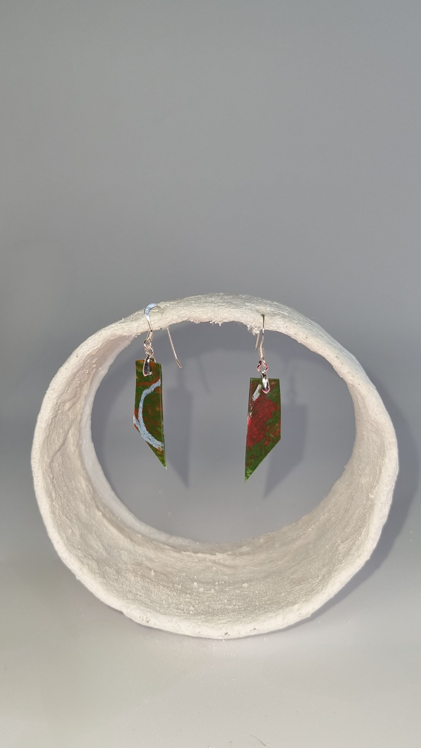 Tiny red and green earrings with pale blue thread incased - PLASTIQUE By Siân