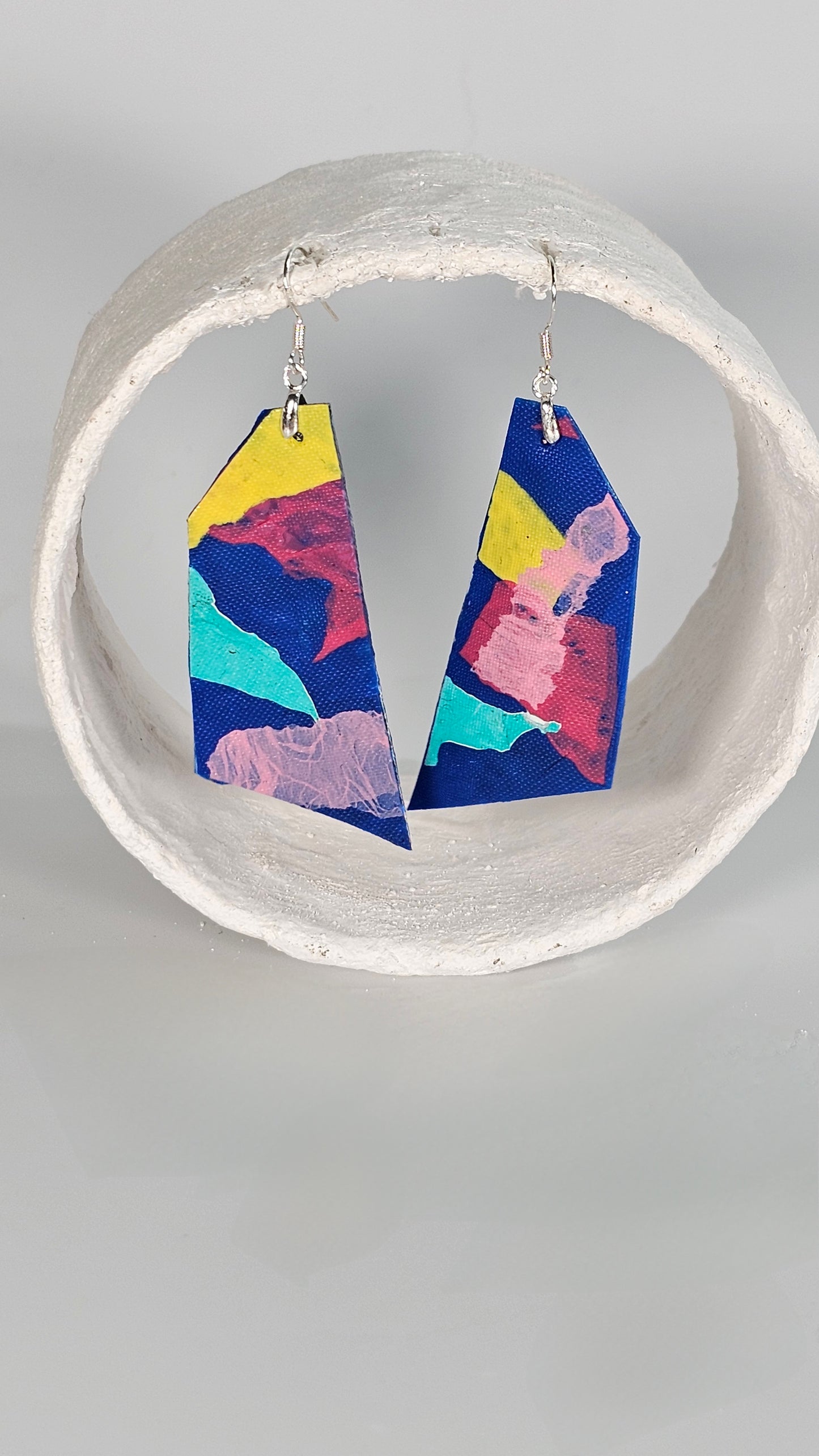 Medium triangle drop 80s colourful geometric shape earrings in blue pink and yellow - PLASTIQUE By Siân