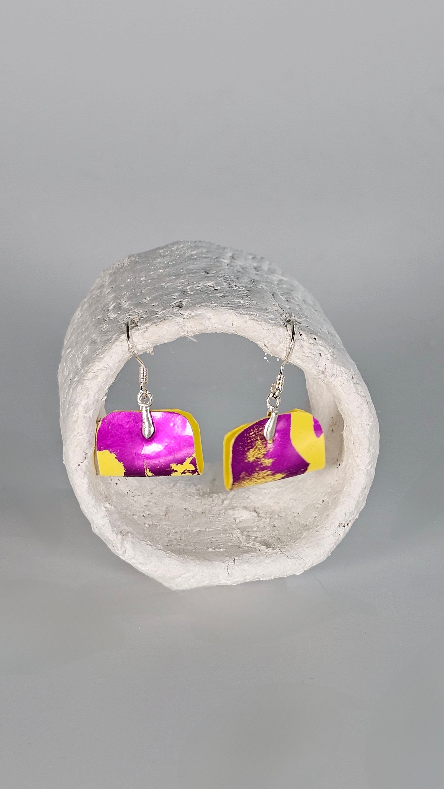 Tiny Metallic magenta on yellow folded Earrings - PLASTIQUE By Siân