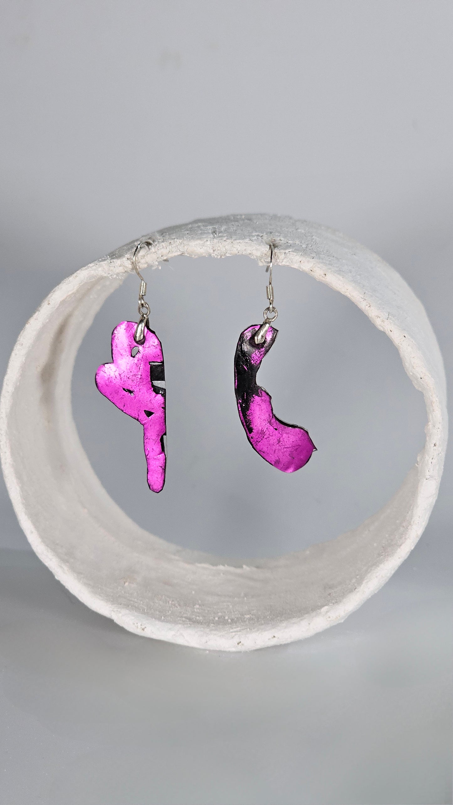 Small asymetrical Magenta foiling print over black and clear plastic Earrings - PLASTIQUE By Siân