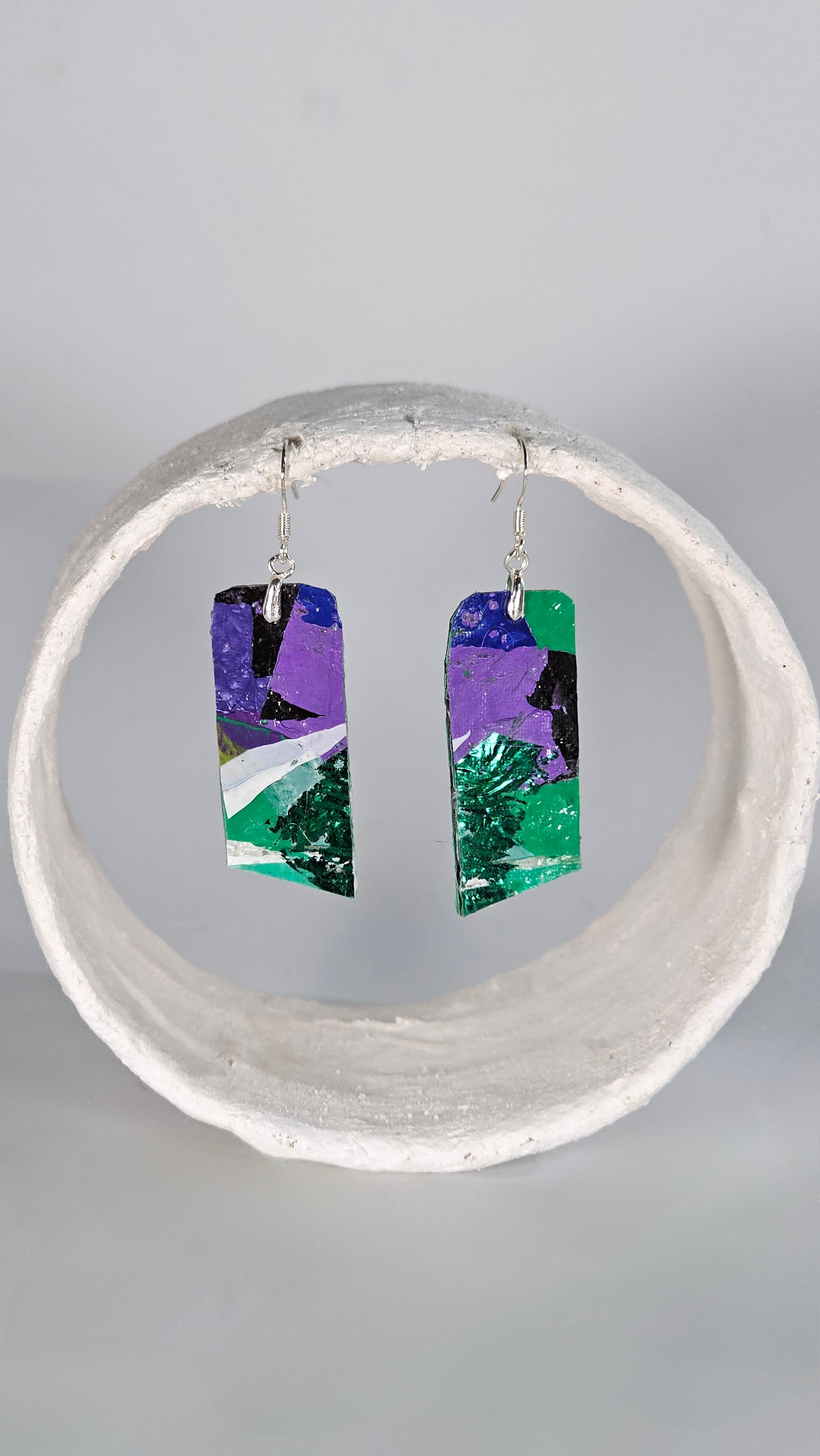 Small geometric long dangly green,purple and white earrings - PLASTIQUE By Siân