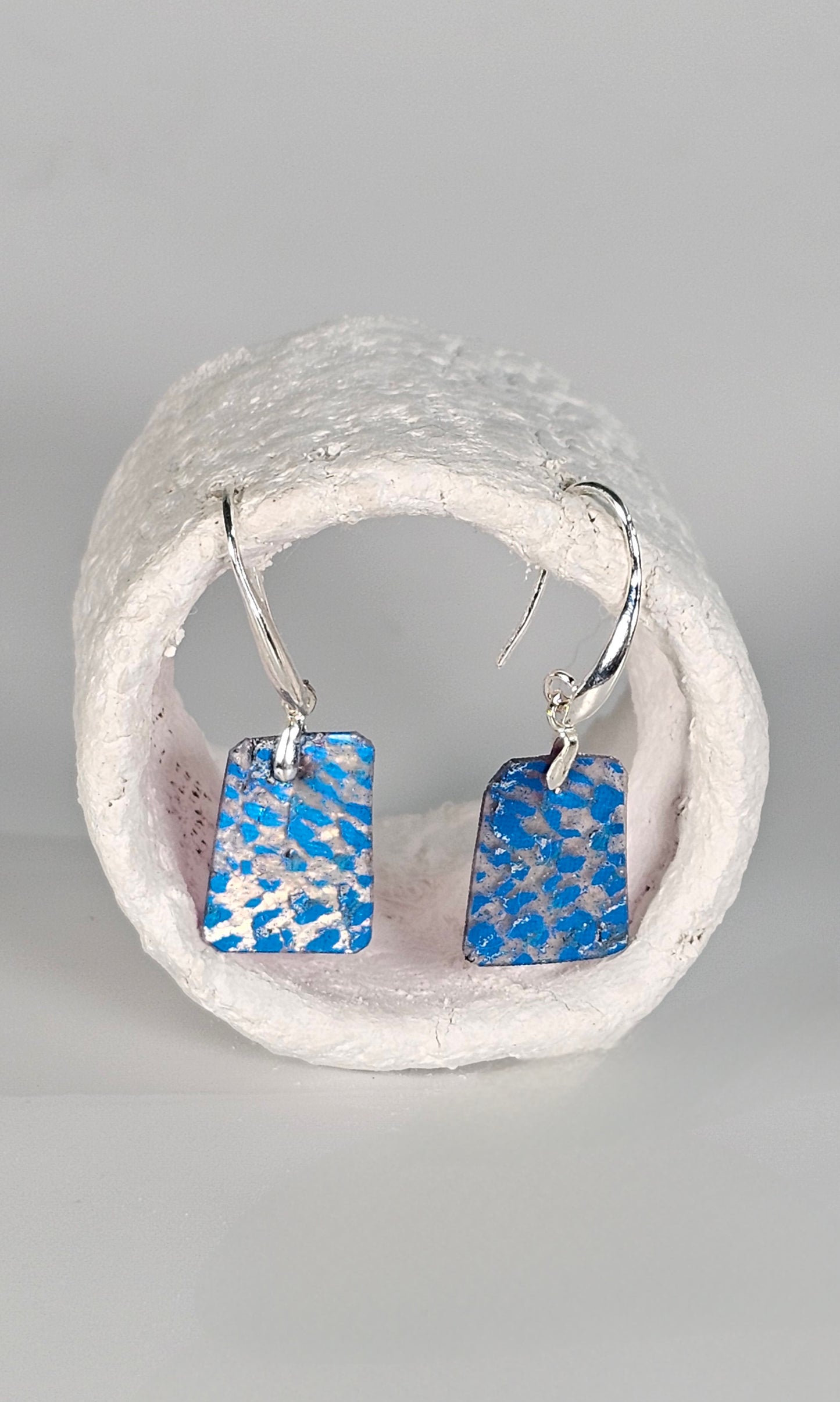 Tiny metallic blue foil printed clear earrings - PLASTIQUE By Siân