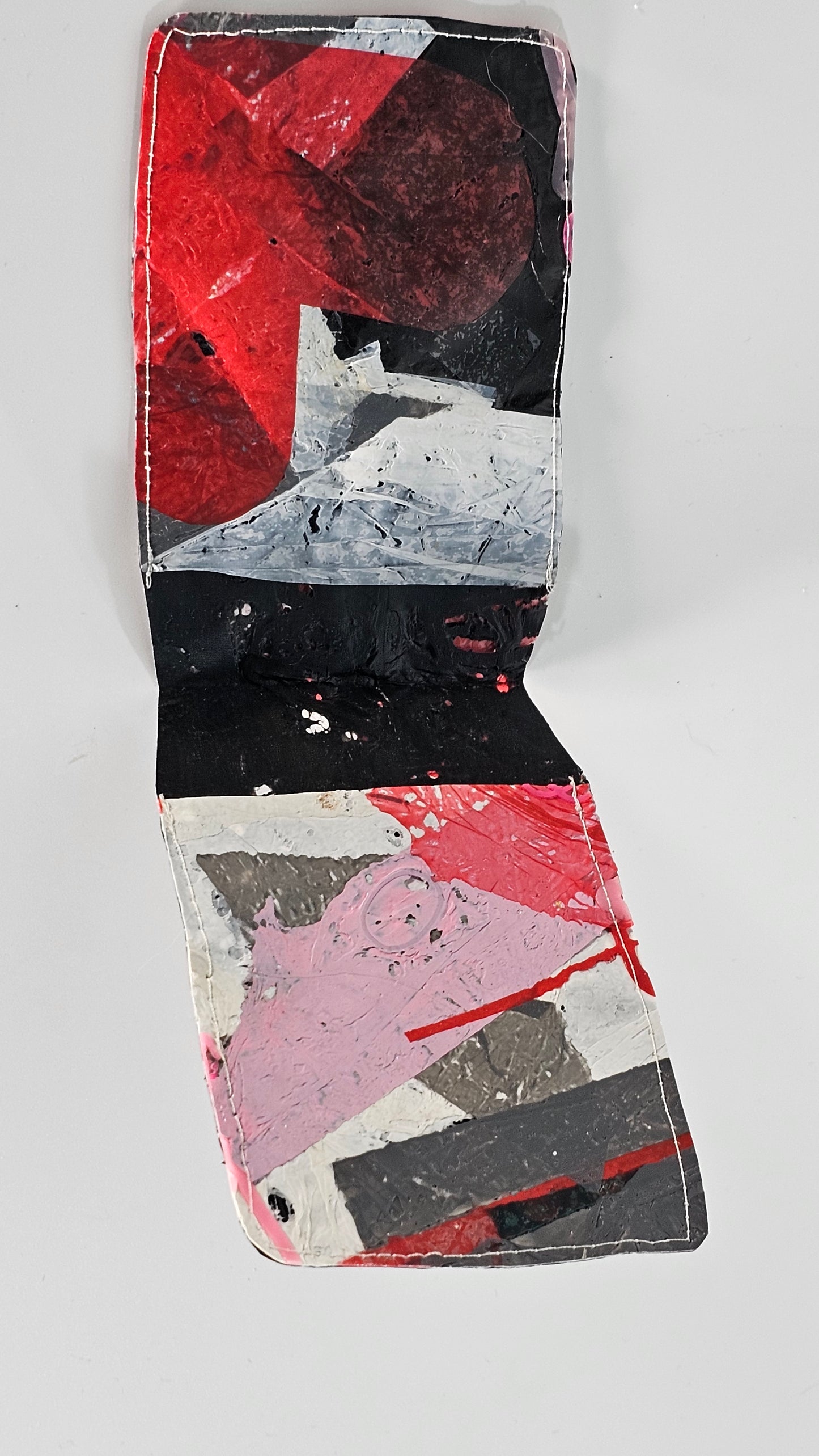 Card wallet: Pink, black, grey, red and white stitched from upcycled plastic - PLASTIQUE By Siân