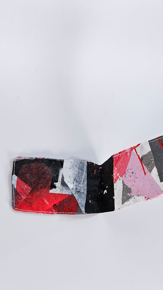 Card wallet: Pink, black, grey, red and white stitched from upcycled plastic - PLASTIQUE By Siân