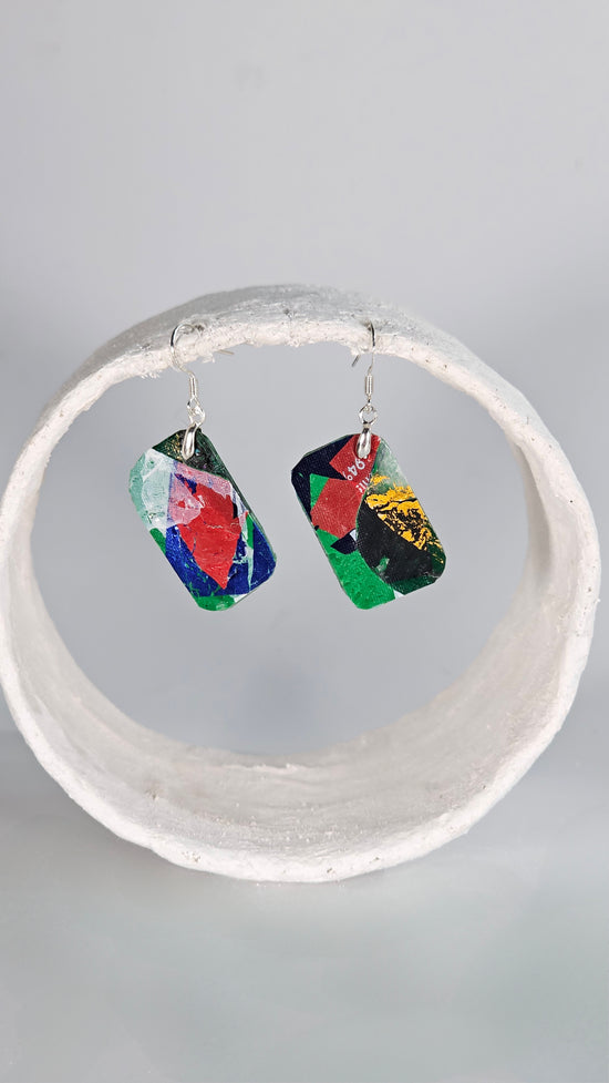 Small green, red, blue and gold metallic foiling print earrings - PLASTIQUE By Siân