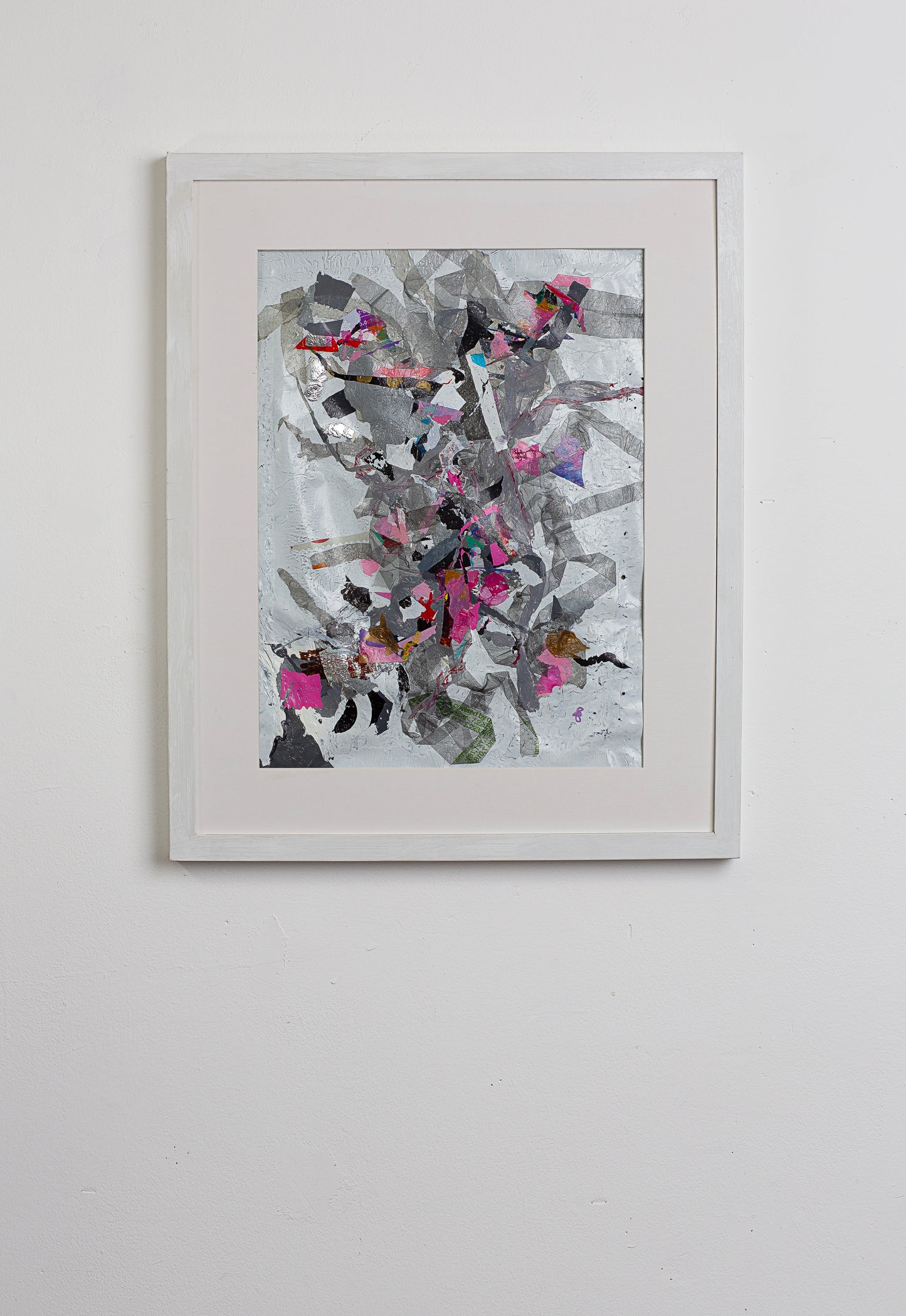 Abstract vibrant original artwork made from 100% upcycled single-use waste plastic- pink, white, and grey