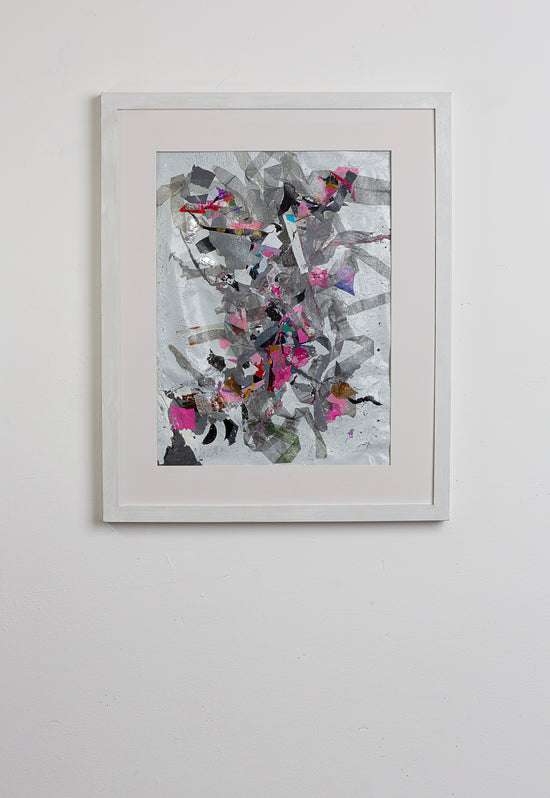 Abstract vibrant original artwork made from 100% upcycled single-use waste plastic- pink, white, and grey