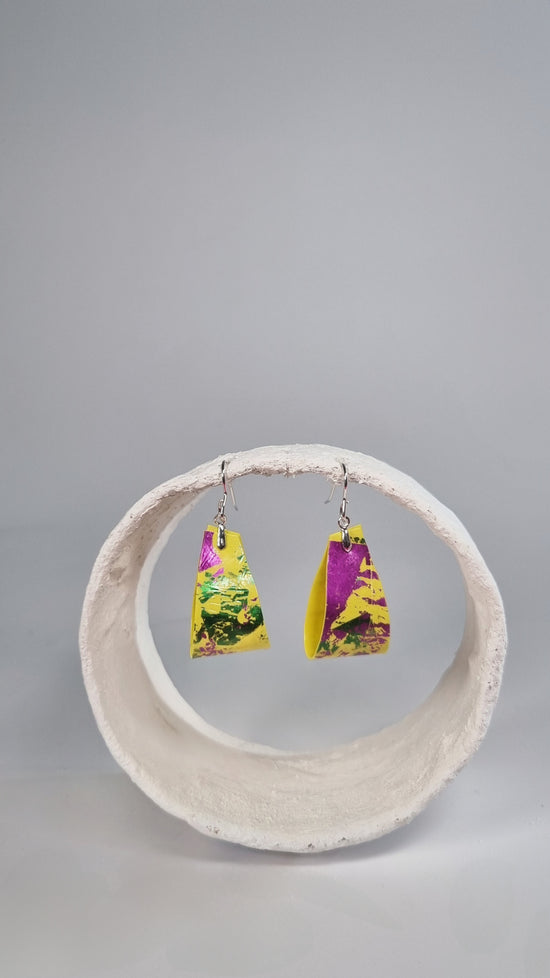 Small Metallic magenta snd green on yellow folded Earrings - PLASTIQUE By Siân