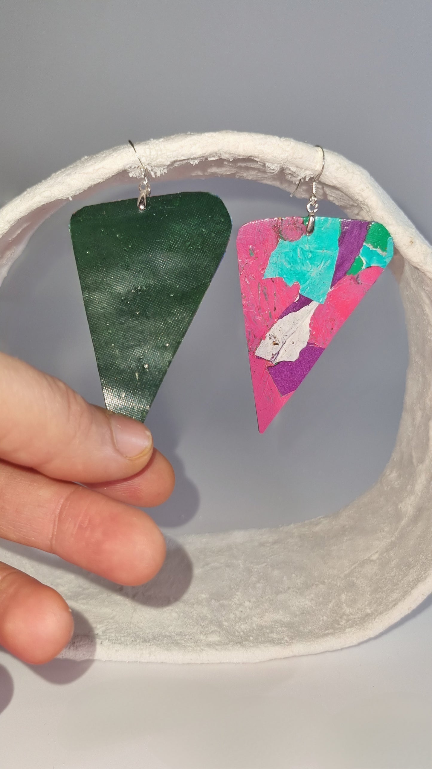 Medium striking colourful triangular 80s earrings in pink, purple, blue, pink and green - S/S 24 - PLASTIQUE By Siân