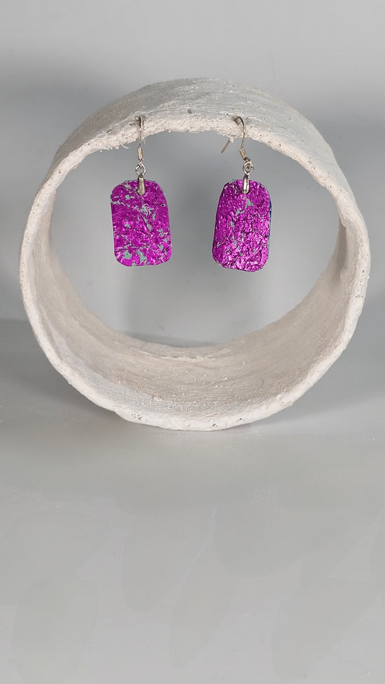 Small metallic magenta on blue curved edge rectangle shape earrings - PLASTIQUE By Siân