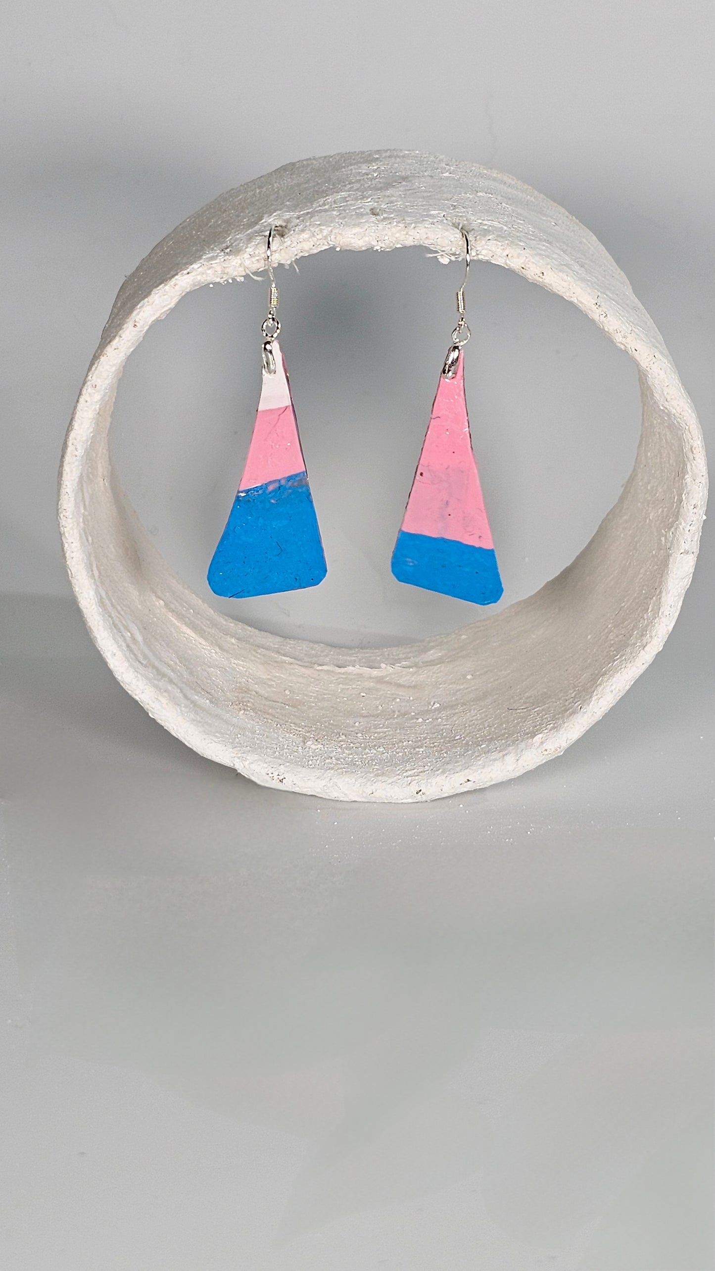 S Trans pride long triangle earrings in baby blue white and pink with gold backing -S/S 24 - PLASTIQUE By Siân