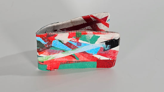 Card wallet: Green, black, blue, red and white stitched from upcycled plastic - PLASTIQUE By Siân