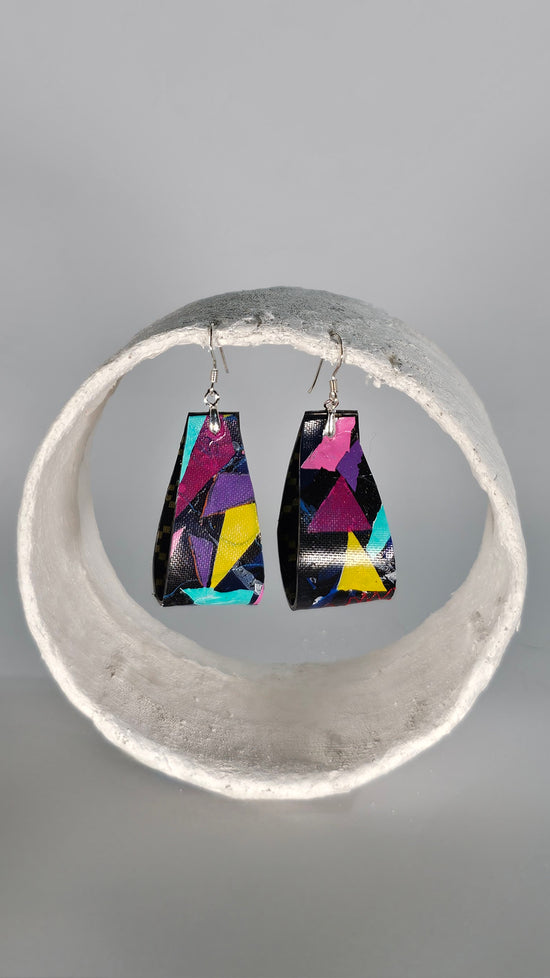 Medium striking colourful folded 80s earrings in pink, yellow, purple, green on black - S/S 24 - PLASTIQUE By Siân