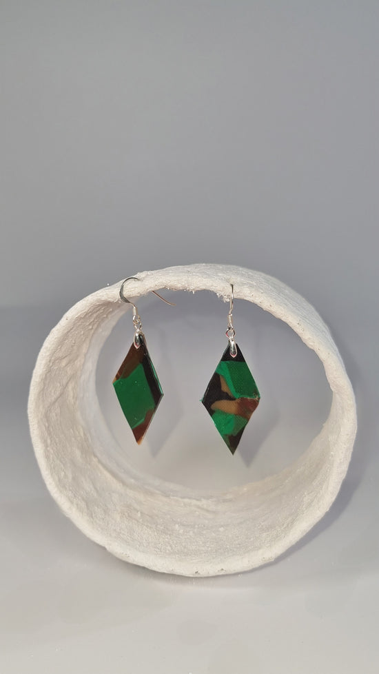 Small diamond pointed green, brown and black camouflage bottle earrings - PLASTIQUE By Siân