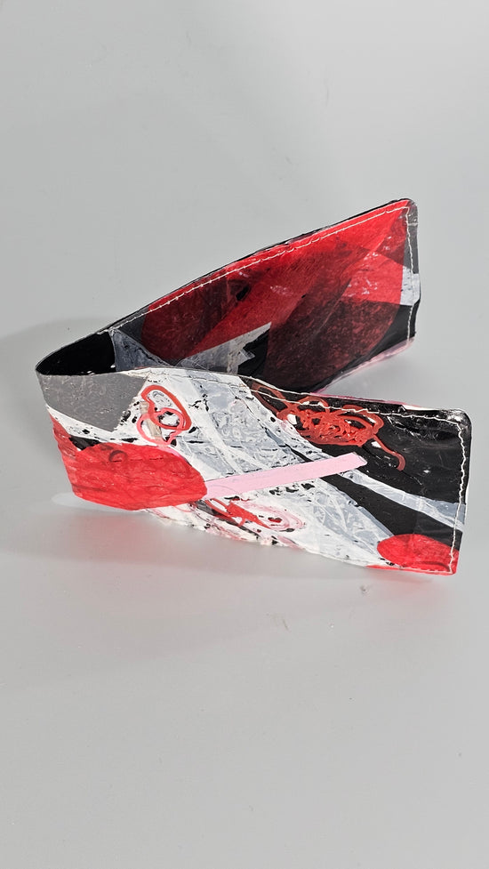 Card wallet: Pink, black, grey, red and white stitched from upcycled plastic - PLASTIQUE By Siân