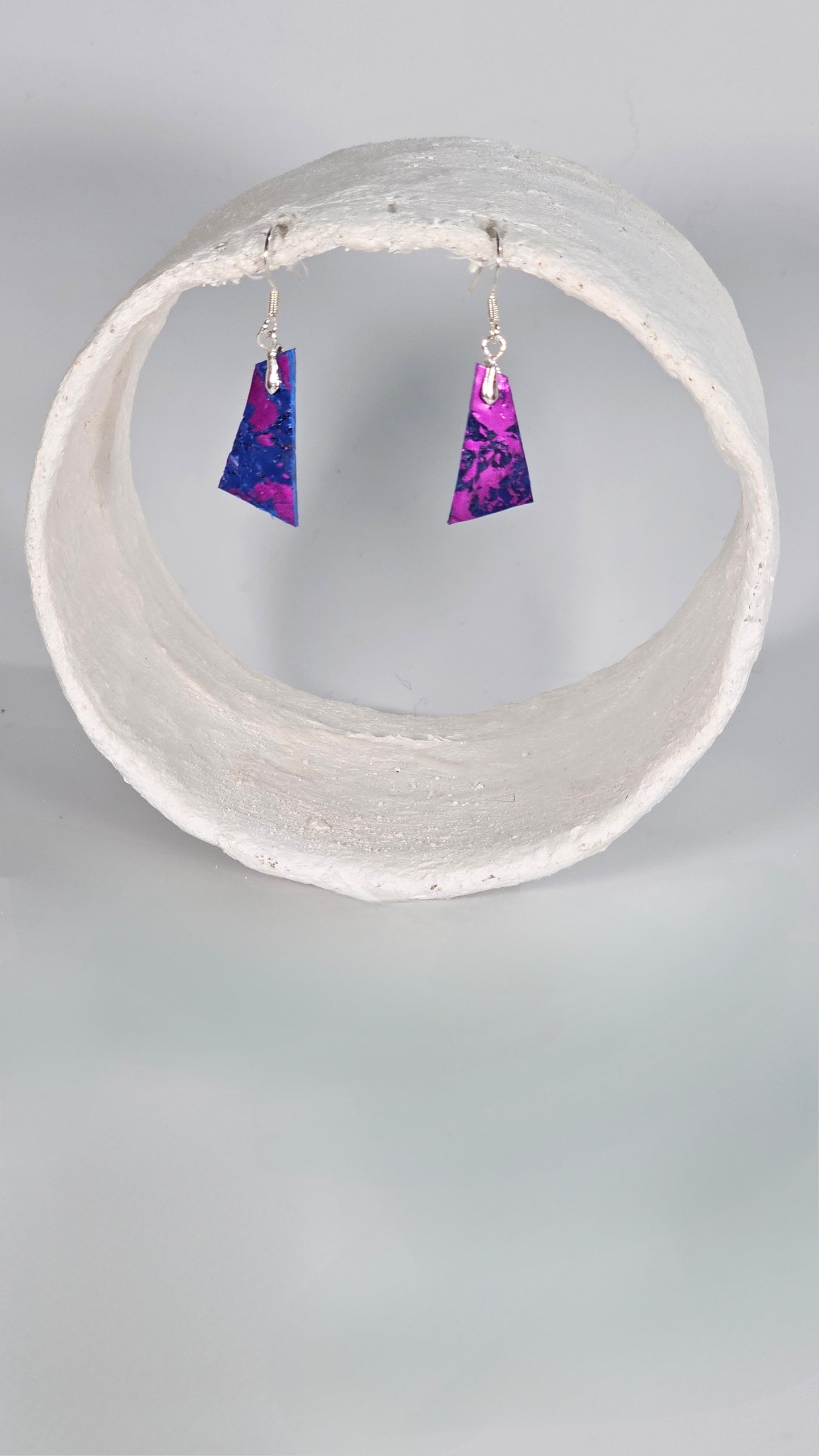 Small metallic magenta on blue pointed geometric shape earrings - PLASTIQUE By Siân