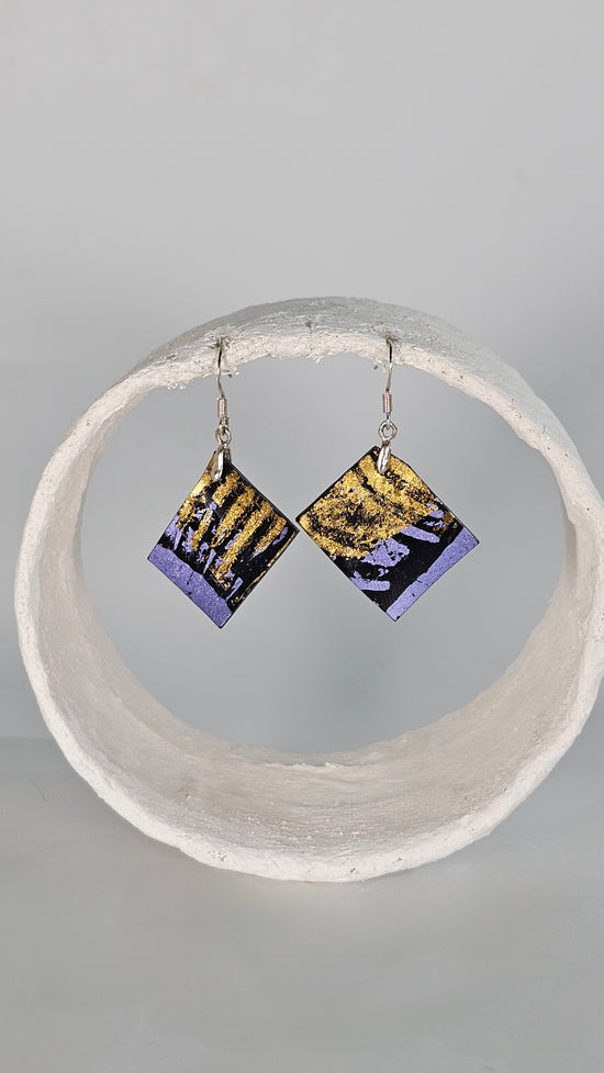 Square Lilac and gold metallic foiling print on black earrings - PLASTIQUE By Siân
