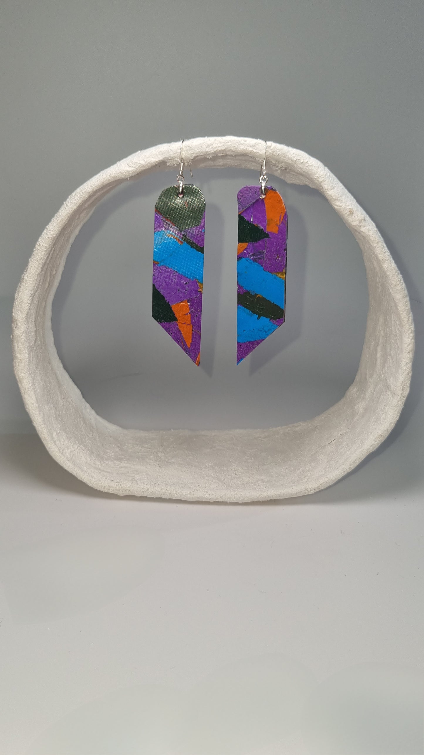 Medium striking colourful long thin angular 80s earrings in pink, orange, purple, blue and green - S/S 24 - PLASTIQUE By Siân