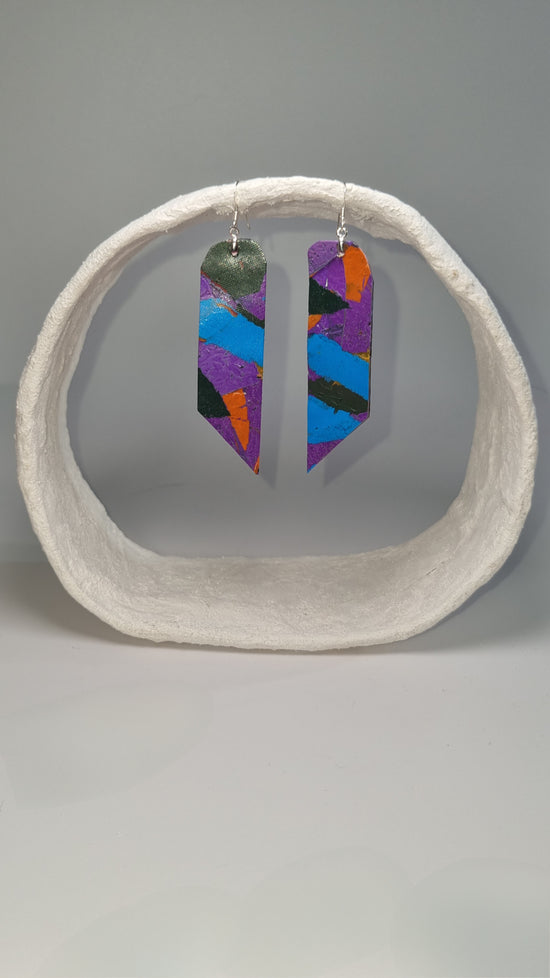 Medium striking colourful long thin angular 80s earrings in pink, orange, purple, blue and green - S/S 24 - PLASTIQUE By Siân