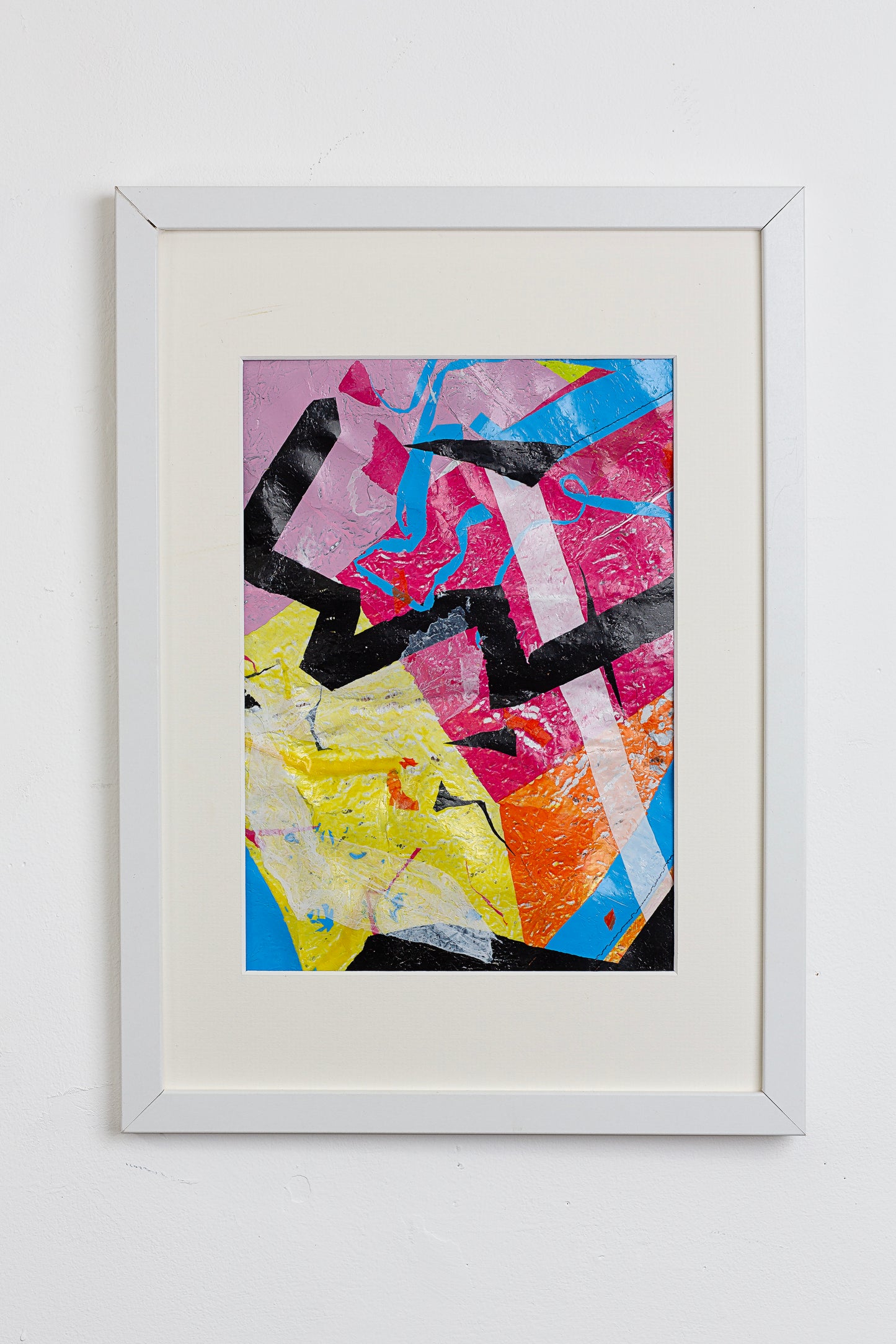 Abstract vibrant original artwork made from 100% upcycled single-use waste plastic- blue, pink, yellow, orange and black