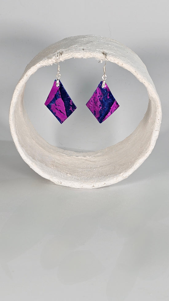 Small metallic magenta on blue diamond shape earrings - PLASTIQUE By Siân