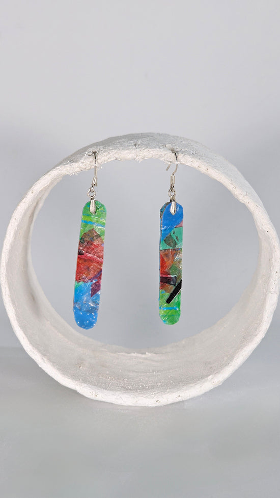 S Long thin blue, red, green earrings - PLASTIQUE By Siân