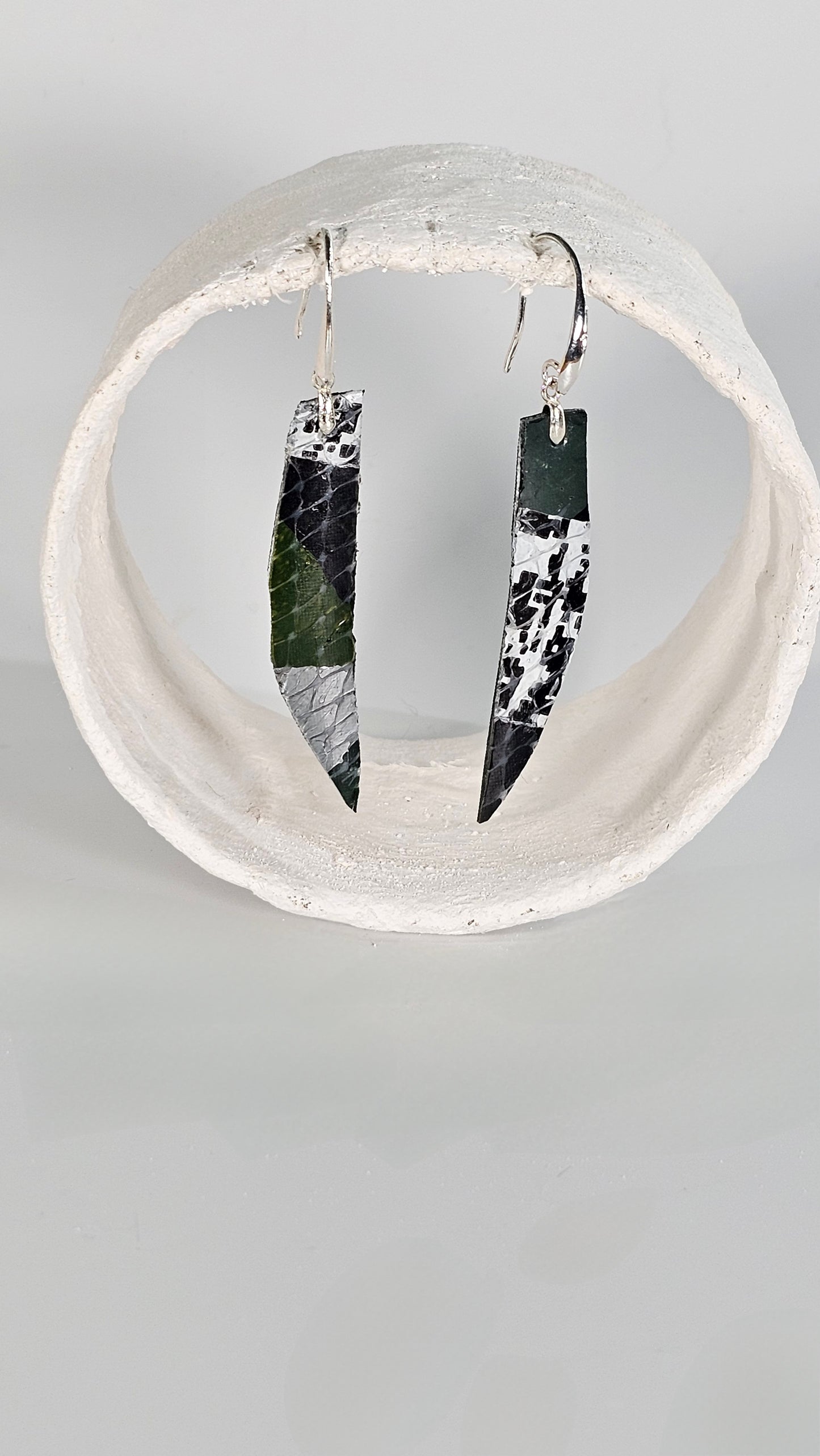 Medium thin long pointed green and black camouflage with asos bag earrings - PLASTIQUE By Siân