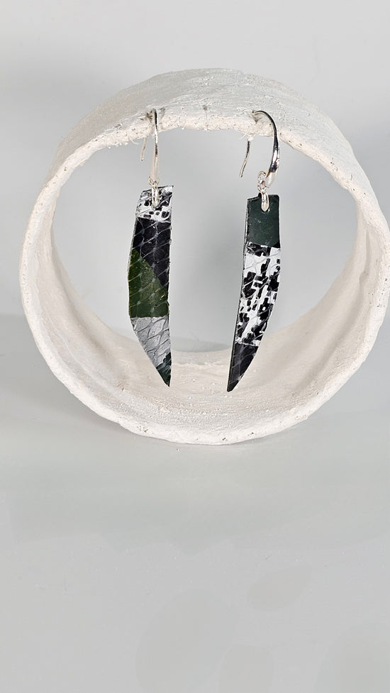 Medium thin long pointed green and black camouflage with asos bag earrings - PLASTIQUE By Siân